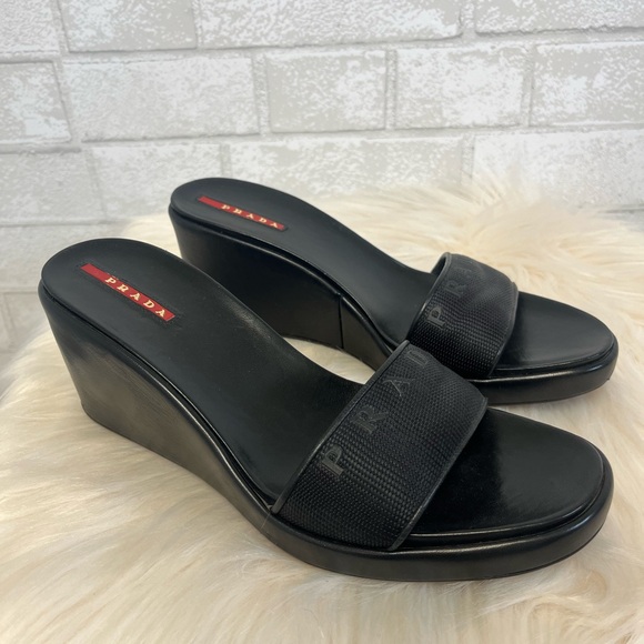 Prada Logo Open Toe Wedge Platform Slip Ons Size 38.5 - Picture 3 of 9